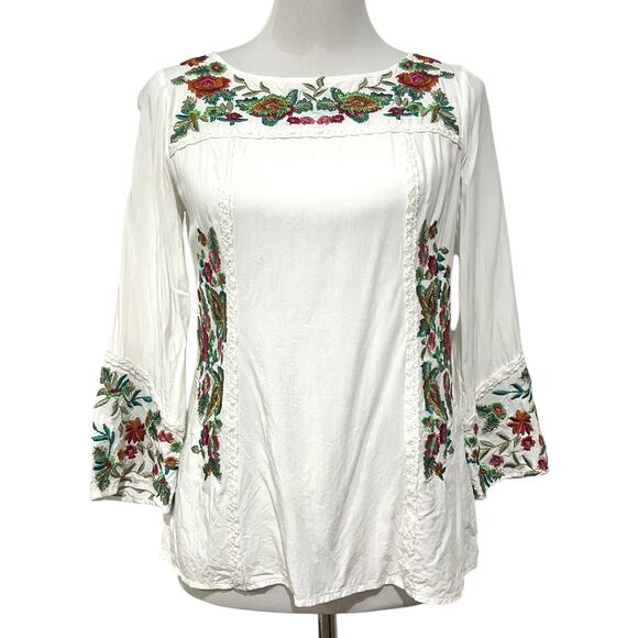 Sundance White Embroidered Top Floral Long Sleeve Peasant Boho Tunic Women’s XS - Picture 1 of 11